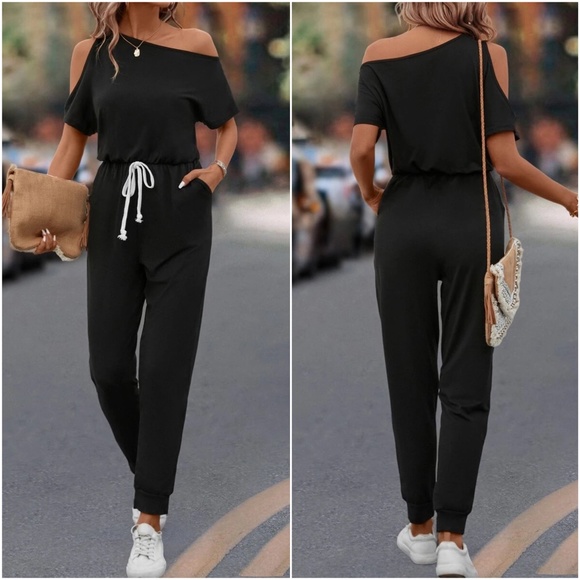One Shoulder Cut out Pocket Drawstring Jumpsuit - Picture 2 of 6